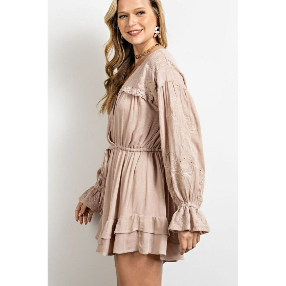 Easel Women's Boho Lace Ruffle Gauze Long Sleeve Romper Mushroom S-L New EB41218 - Picture 2 of 5